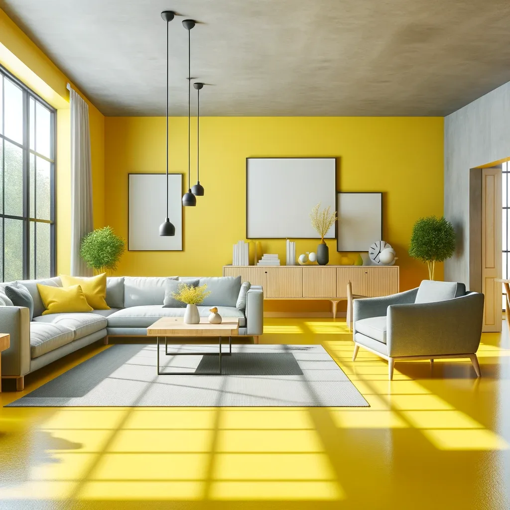 Sunny modern living room with yellow walls and decor.