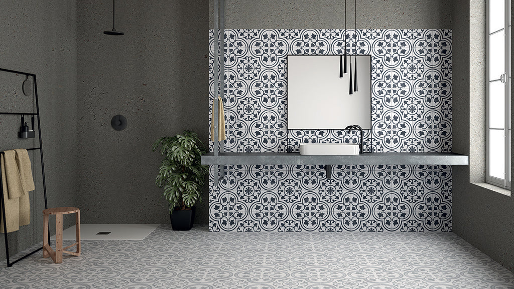 Modern bathroom with patterned tiles and minimalist design.