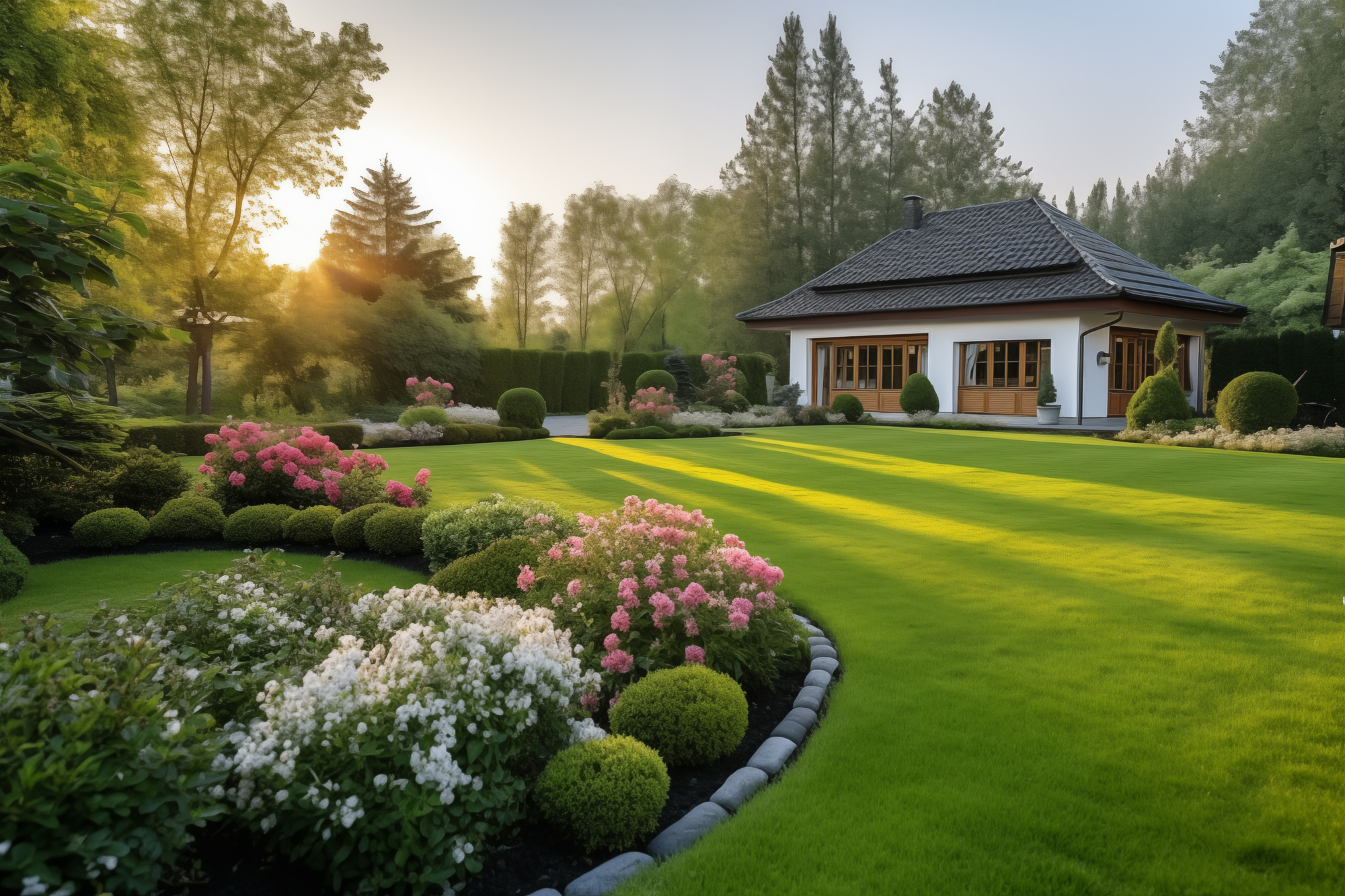Sunrise over landscaped garden with house