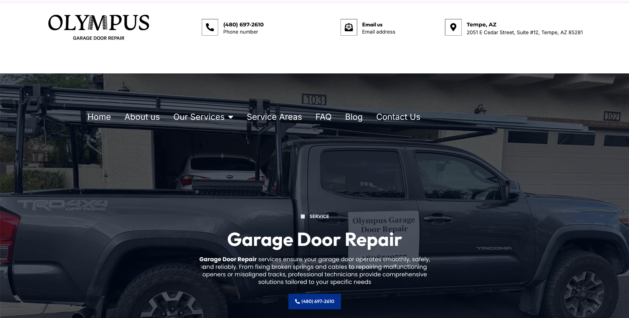 Olympus Garage Door Repair truck in driveway.