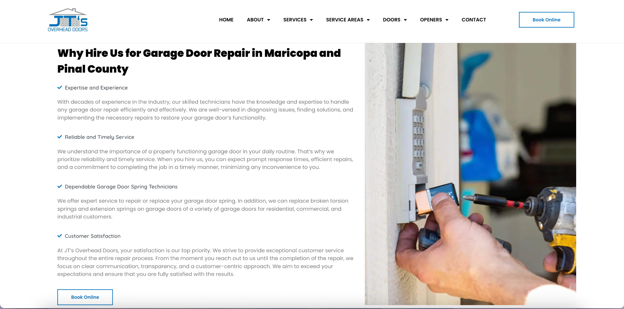 Technician repairing garage door keypad with screwdriver.